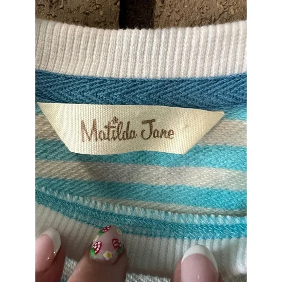 Matilda Jane Striped Pocket‎ Tunic Top Wooden Buttons Girls Size 4 Turquoise - Picture 3 of 6